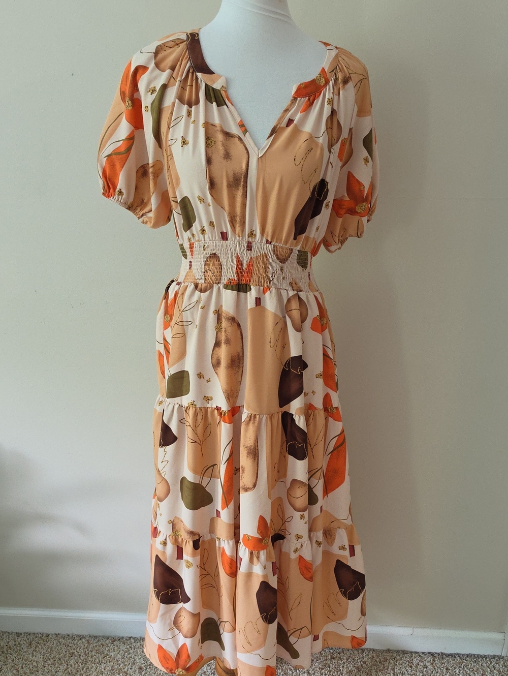 Entro Women's Cream & Orange Tan Floral Tiered Midi Dress